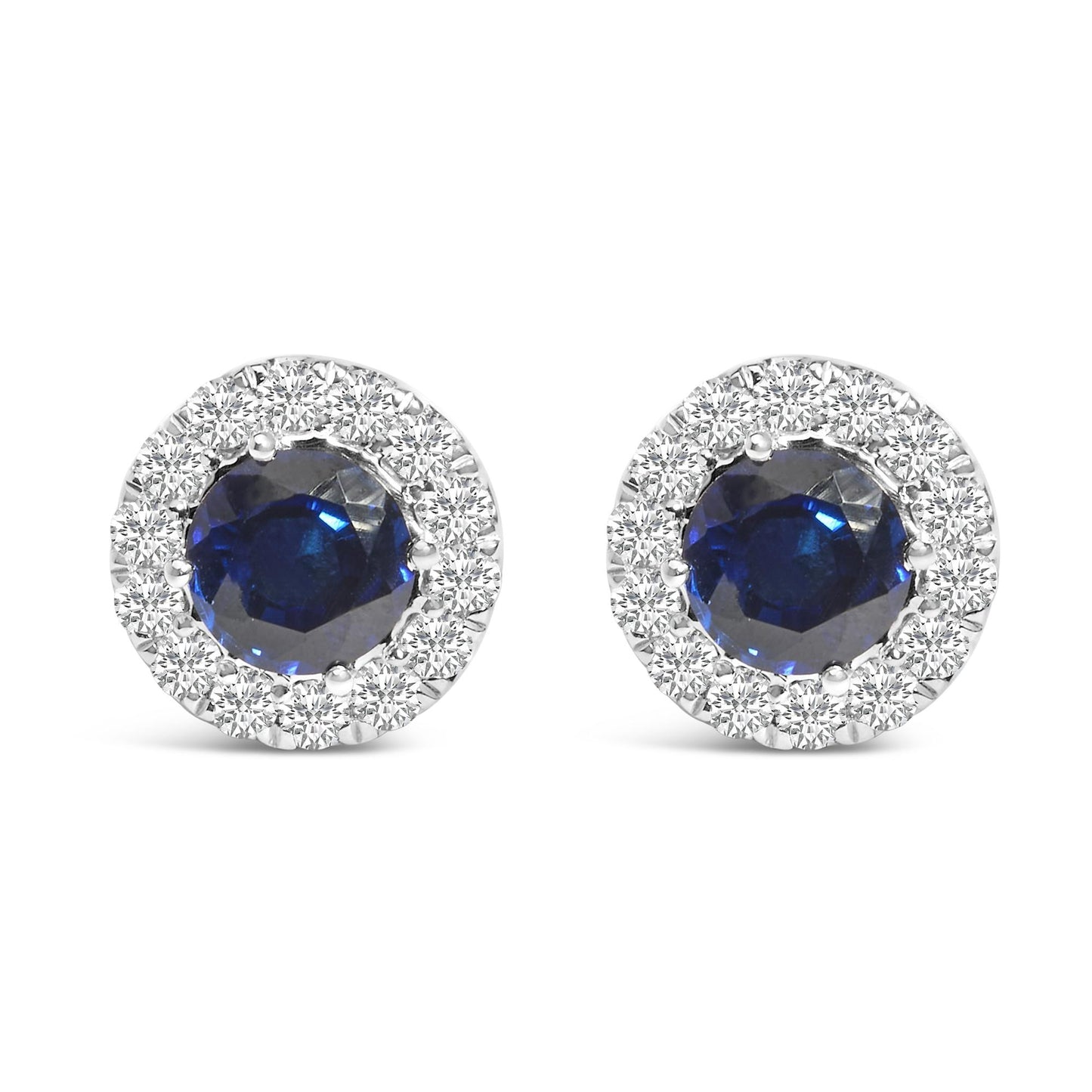 Pair of round white metal stud earrings with a large blue gemstone center, surrounded by a halo of small white gemstones, shown in a front-facing view on a white background.