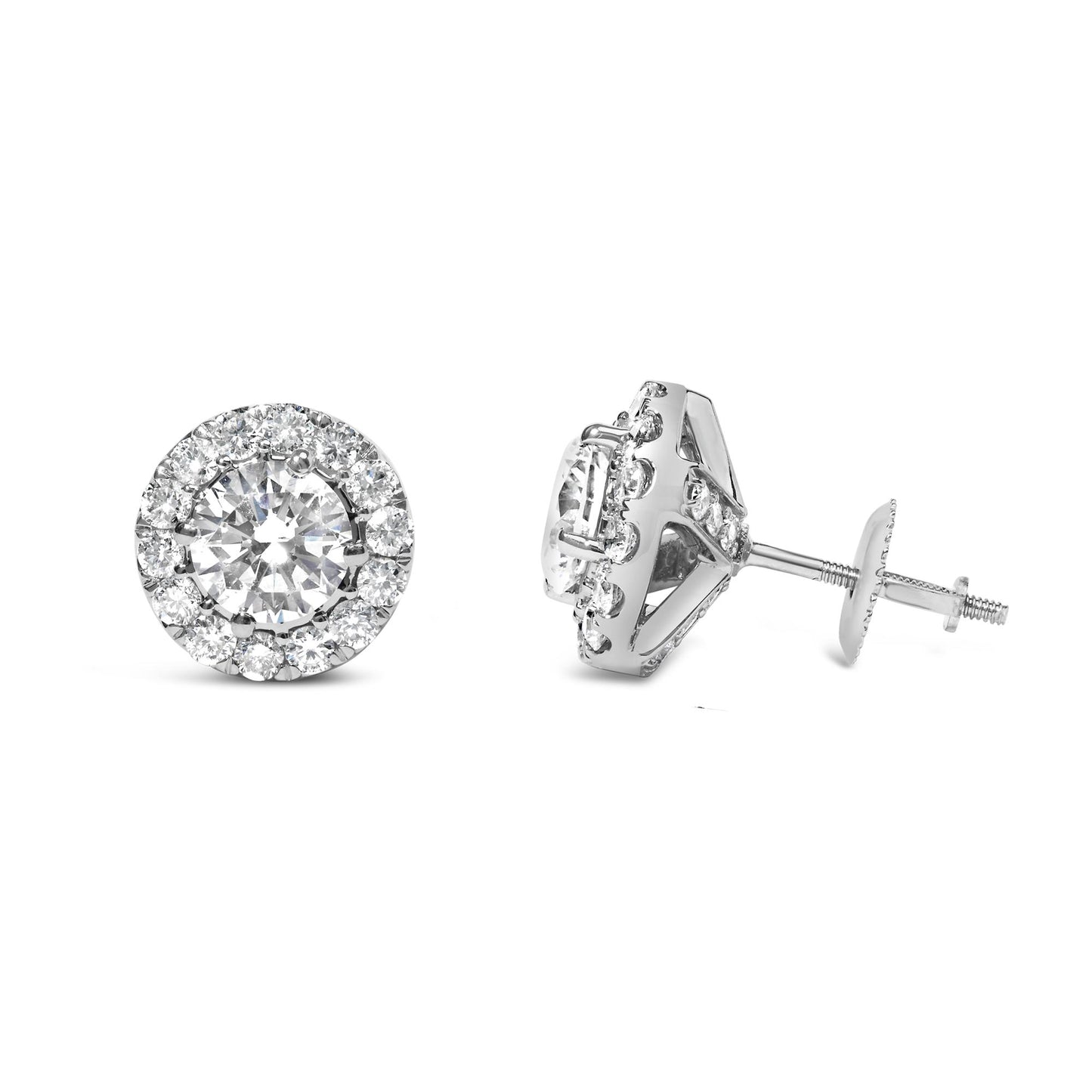 Pair of white metal stud earrings with round white gemstones in prong settings, shown from front and side angles.