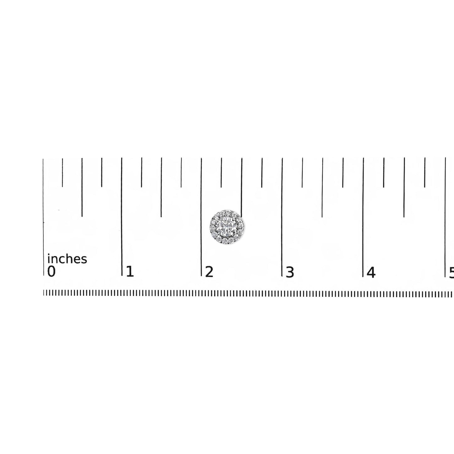 Close-up front view of a white metal round stud earring with multiple white gemstones in prong settings, placed on a ruler for size reference.