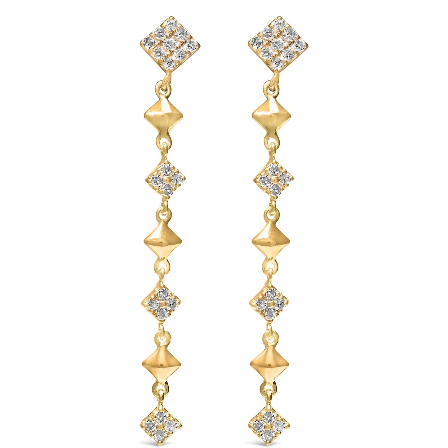 Front view of a pair of yellow metal drop earrings featuring multiple connected diamond-shaped segments with white round gemstones in prong settings.