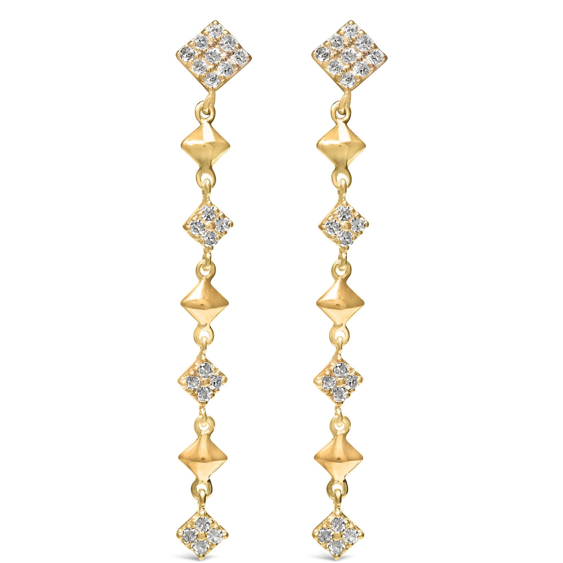 Front view of a pair of yellow metal drop earrings featuring multiple connected diamond-shaped segments with white round gemstones in prong settings.