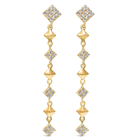 Front view of a pair of yellow metal drop earrings featuring multiple connected diamond-shaped segments with white round gemstones in prong settings.