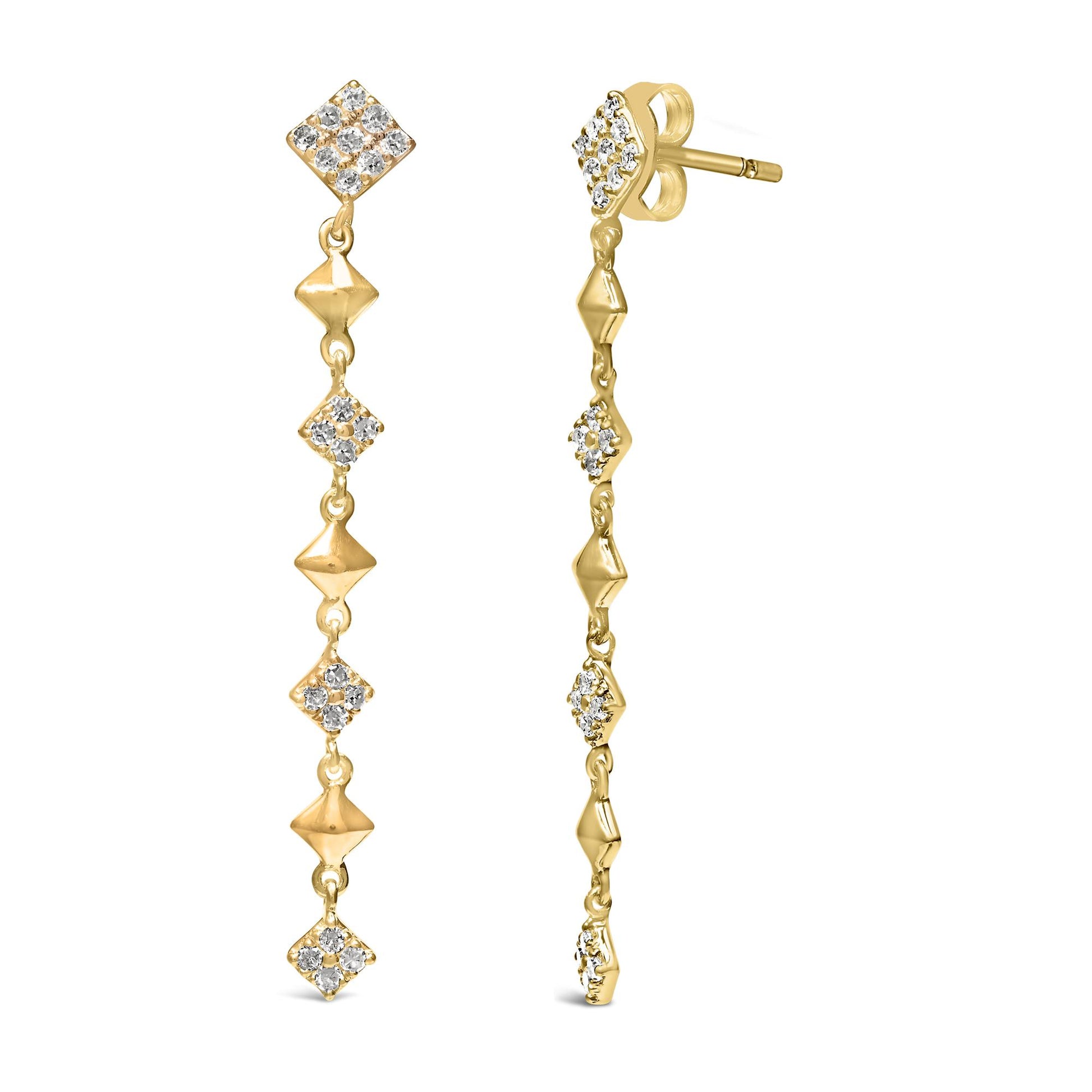 Front and side view of yellow metal dangle earrings featuring alternating geometric shapes and clusters of white round gemstones in prong settings.
