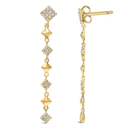 Front and side views of a pair of yellow metal long dangle earrings featuring alternating diamond-shaped segments with white round gemstones in prong settings and smooth pointed geometric shapes, shown against a white background.