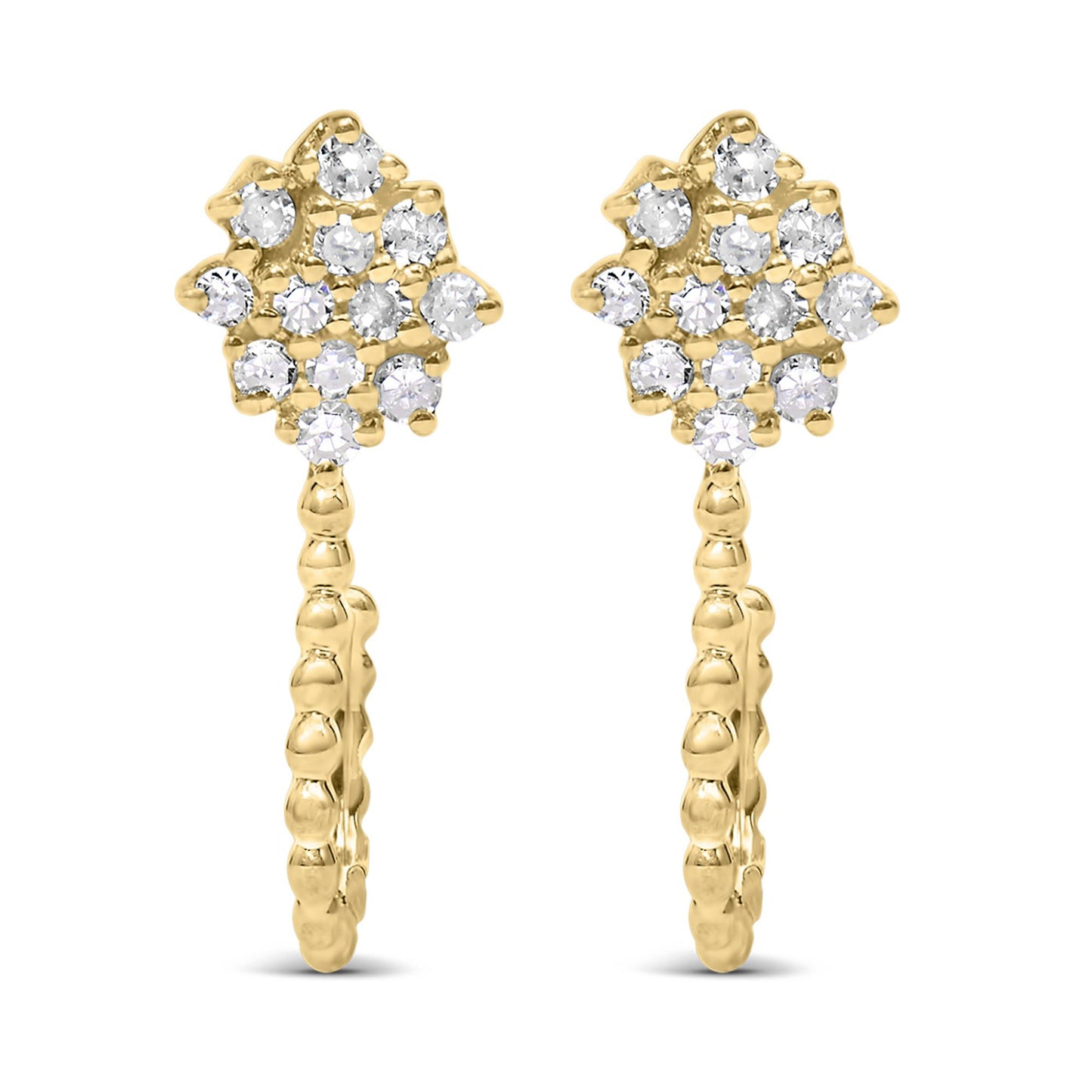 Front-facing view of a pair of yellow metal earrings featuring cluster arrangements of prong-set round white gemstones at the top and a textured hoop design below.