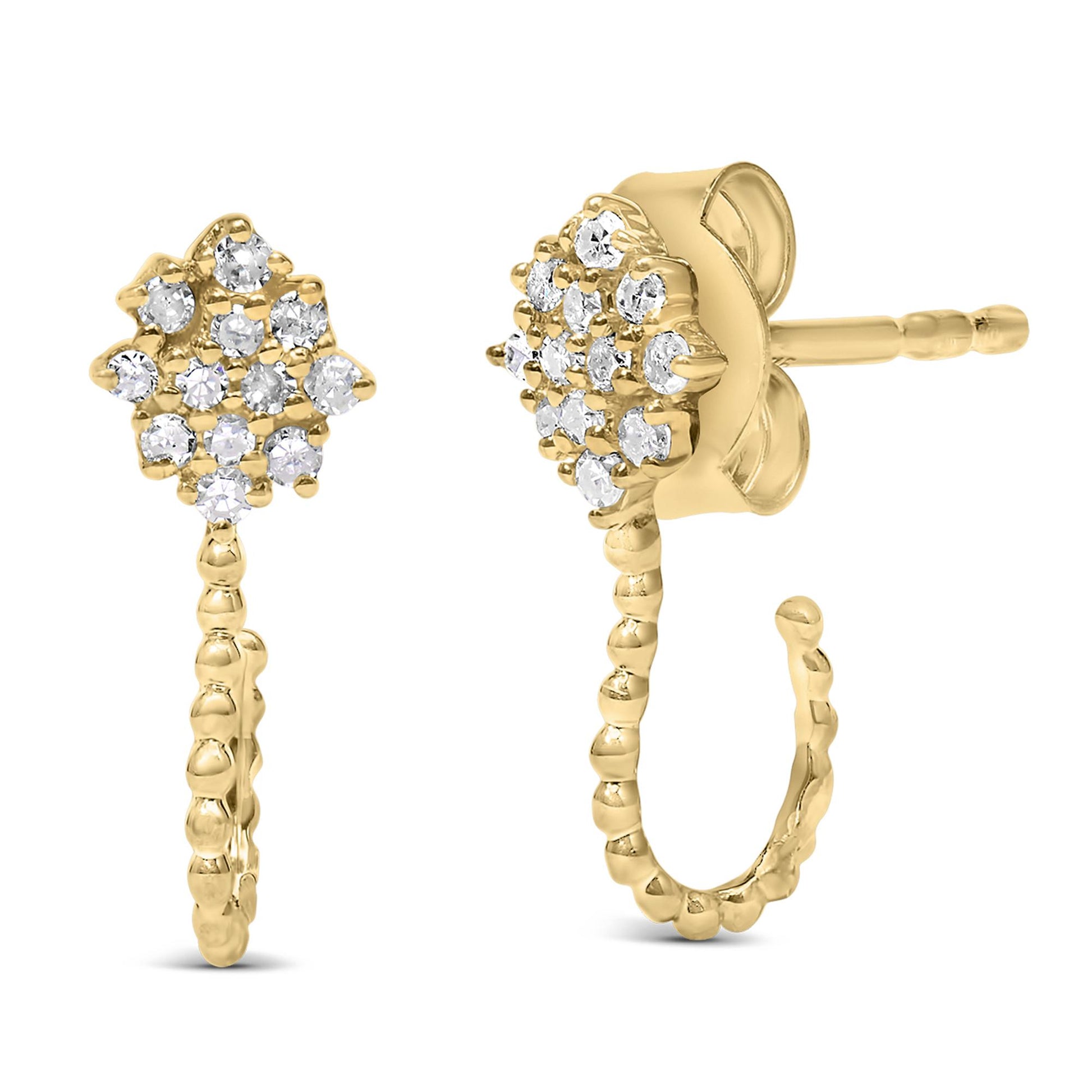 Pair of yellow metal earrings with round white gemstones in prong settings forming a cluster at the top, attached to textured hoop drops, shown from front and side angles.