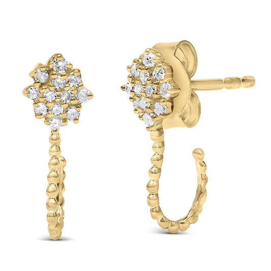 Pair of yellow metal earrings with round white gemstones in prong settings forming a cluster at the top, attached to textured hoop drops, shown from front and side angles.