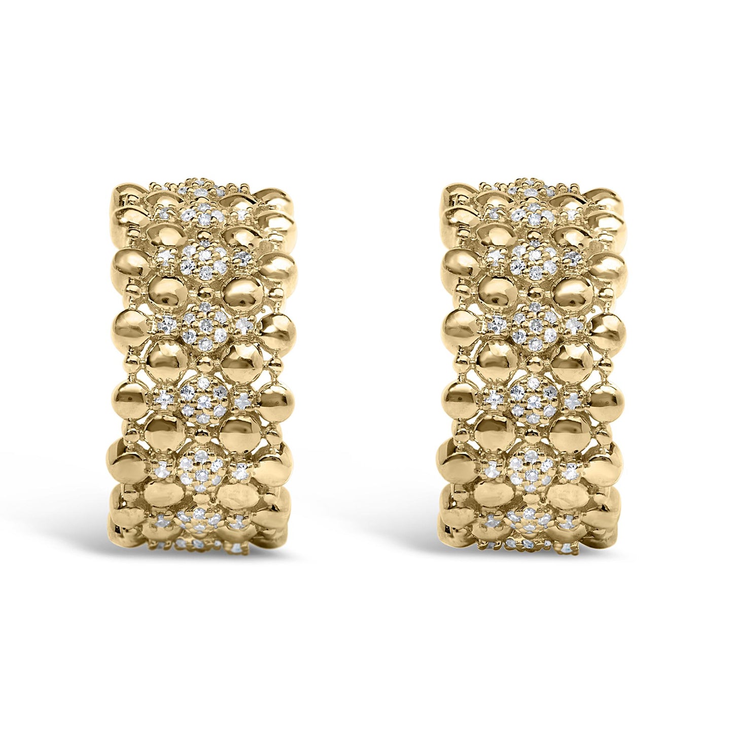 Close-up front view of a pair of yellow metal earrings featuring clusters of round white gemstones in prong settings surrounded by smooth metal beads.