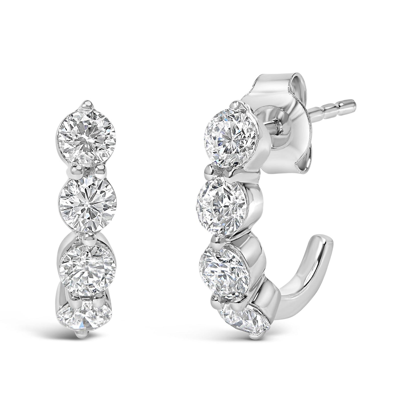 Front and side view of white metal earrings with multiple round white gemstones in prong settings, shown against a white background.
