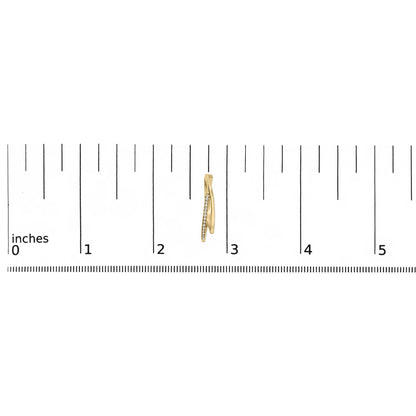 Close-up side view of a yellow metal earring with a row of small white gemstones, placed on a ruler for size reference.