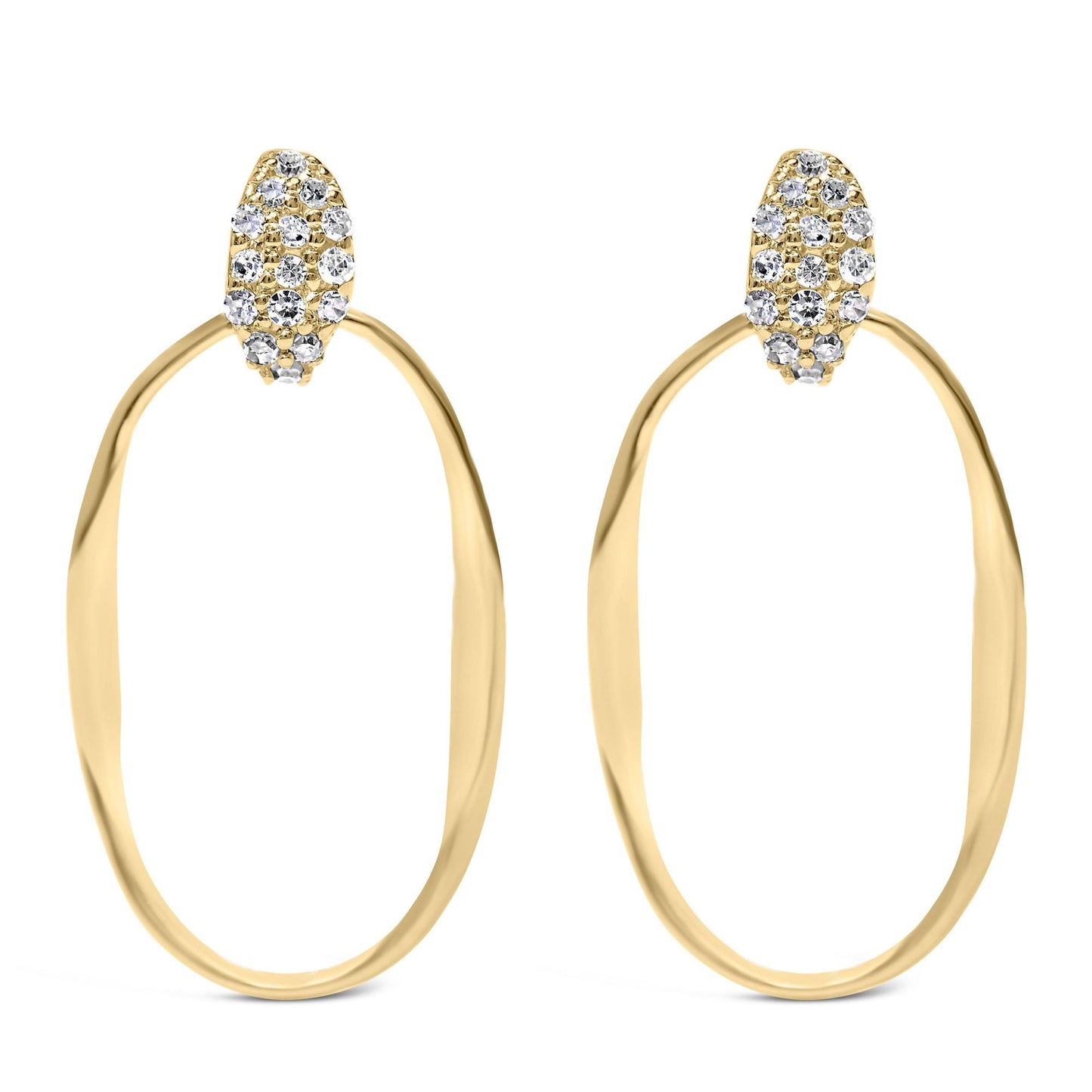 Front view of yellow metal open oval hoop earrings with pavé set white round gemstones on the top section.
