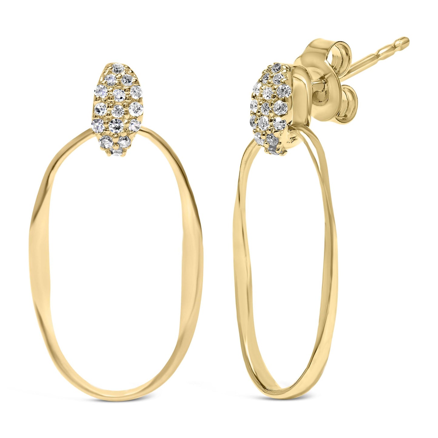 Front and side views of yellow metal hoop earrings with oval tops featuring round white gemstones in pave setting.