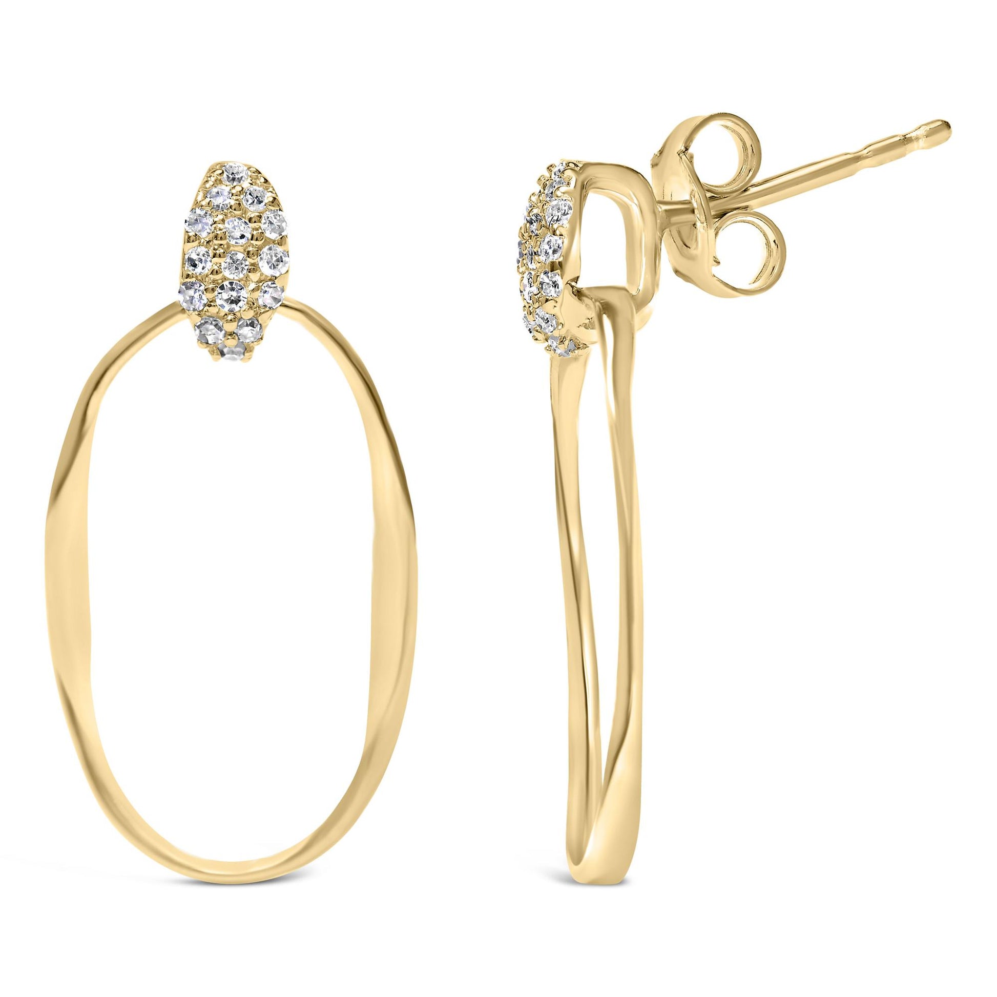 Yellow metal oval hoop earrings with white gemstones in pave setting at top, shown from front and side angles.