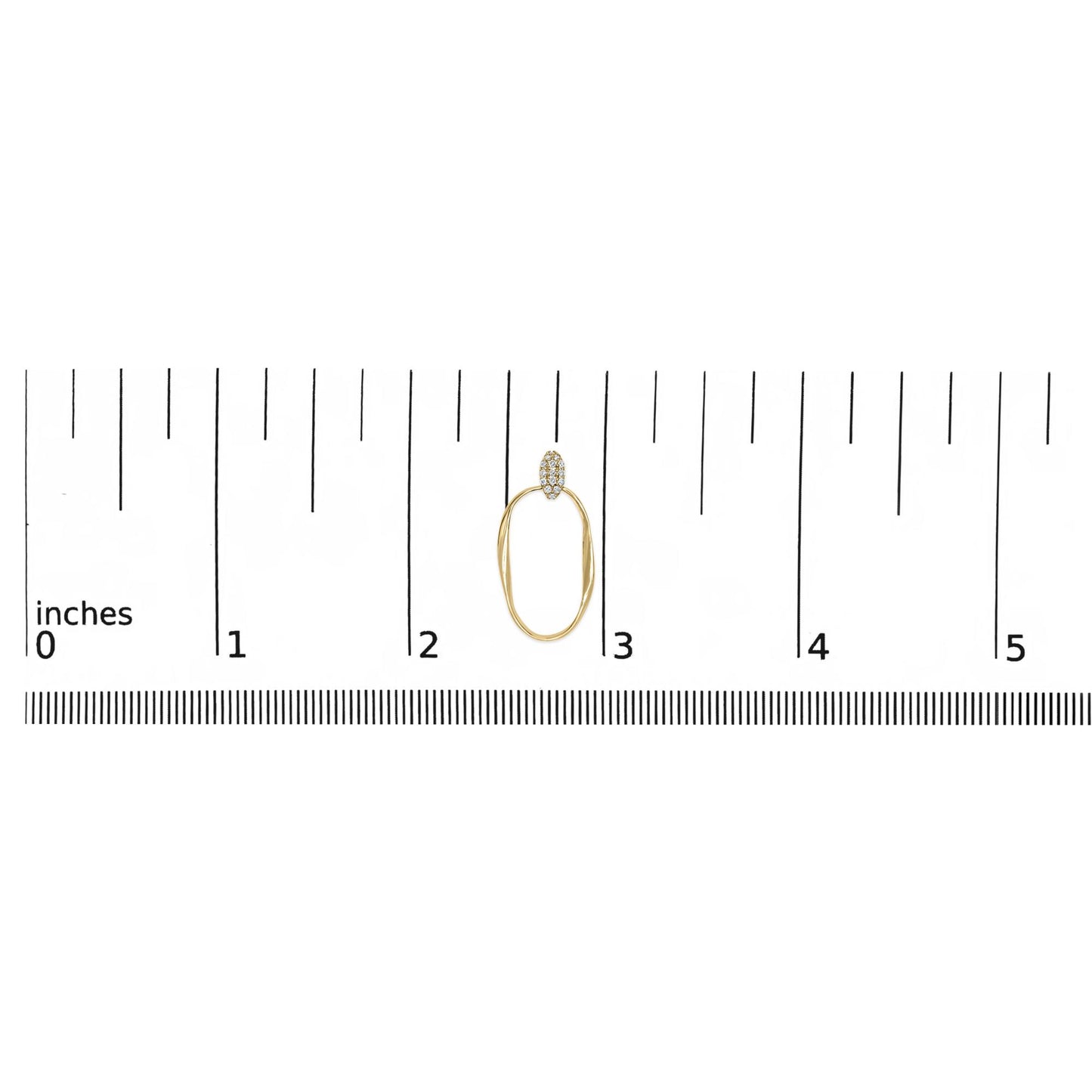 Single yellow metal earring with an oval-shaped hoop and a top section paved with small white gemstones, shown on a ruler for size reference, photographed from the front.