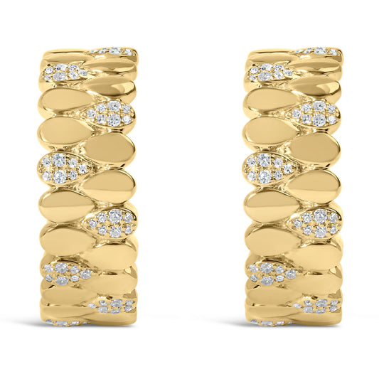 Front view of a pair of yellow metal earrings featuring an alternating pattern of smooth segments and segments set with round white gemstones in prong and pave settings.