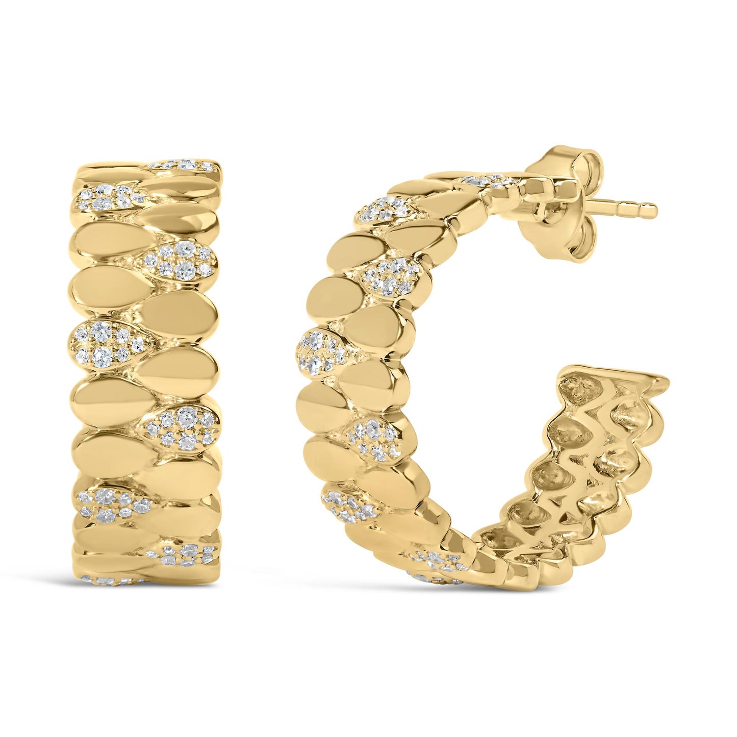 Front and side view of yellow metal hoop earrings with alternating smooth and pave-set white gemstones, shown on a white background.