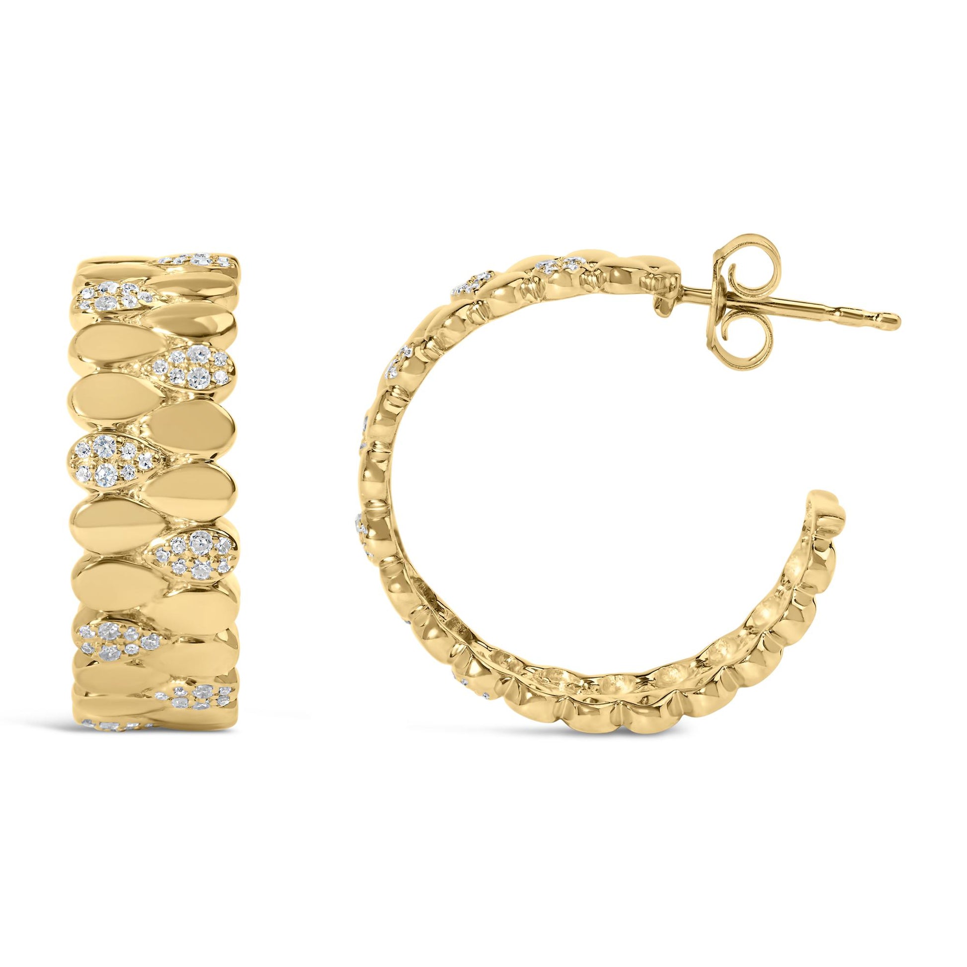 Front and side view of yellow metal hoop earrings with round white gemstones in prong and pave settings, photographed on a white background.
