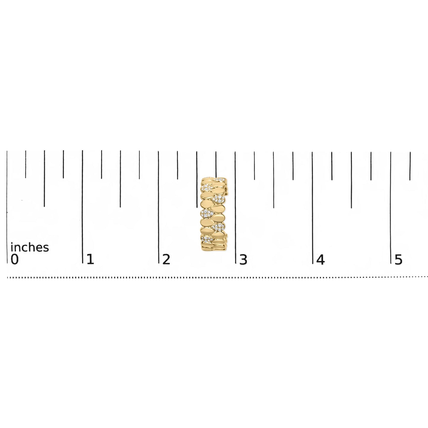 Close-up front view of a yellow metal earring with round white gemstones in prong and pave settings, placed vertically on a ruler for size reference.