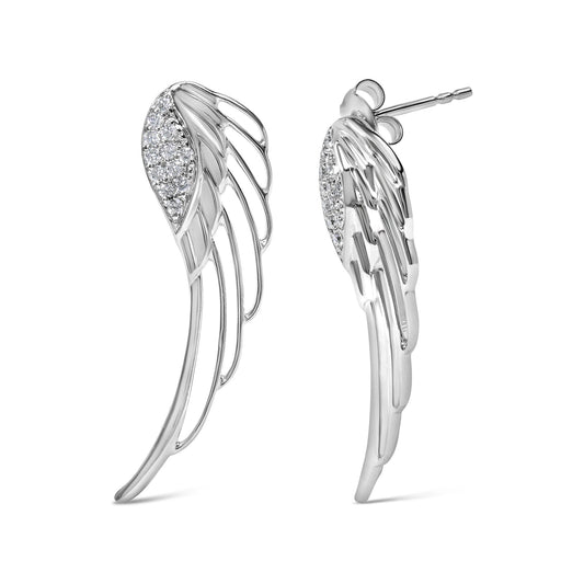 Pair of white metal earrings shaped like elongated wings with round white gemstones in prong settings, shown from front and side angles.