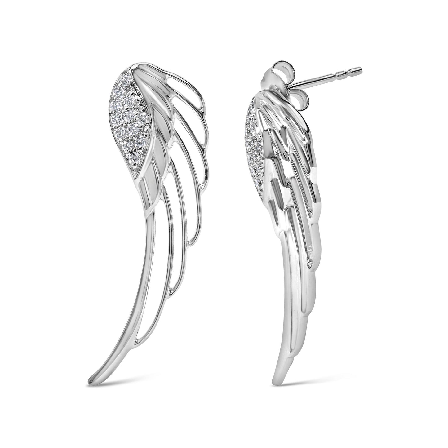 Pair of white metal earrings shaped like elongated wings with round white gemstones in prong settings, shown from front and side angles.
