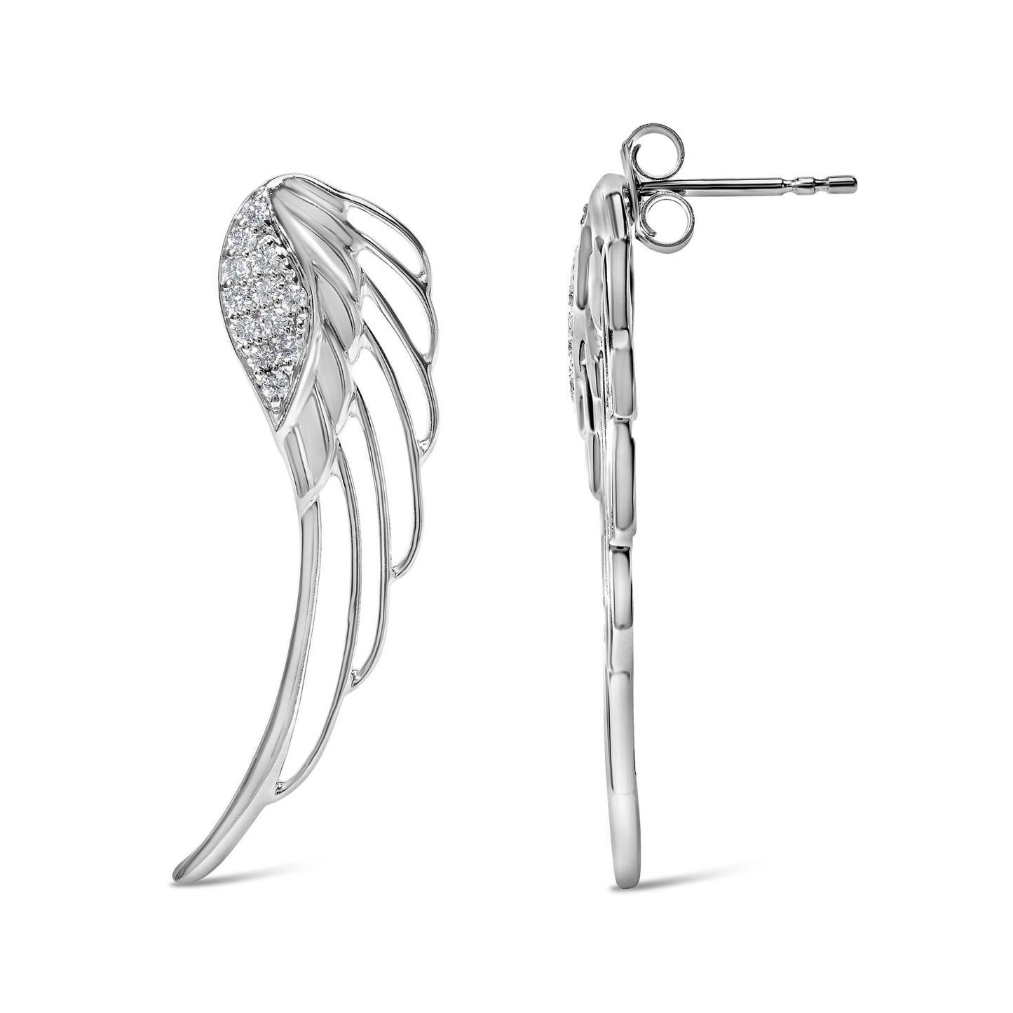 Pair of white metal earrings shaped like wings with white round gemstones in prong setting, shown from front and side angles.