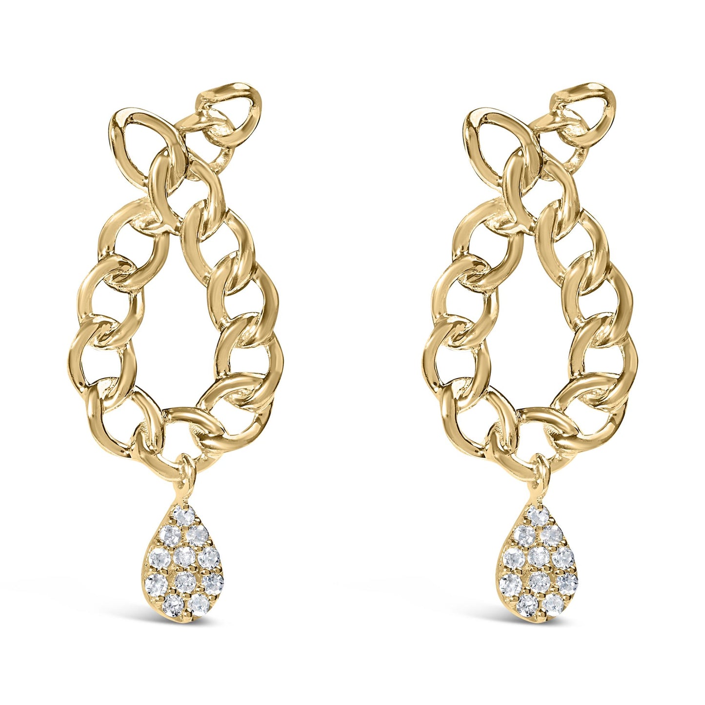 Front view of yellow metal earrings with chain link design and a teardrop-shaped pendant adorned with white round gemstones in prong setting.