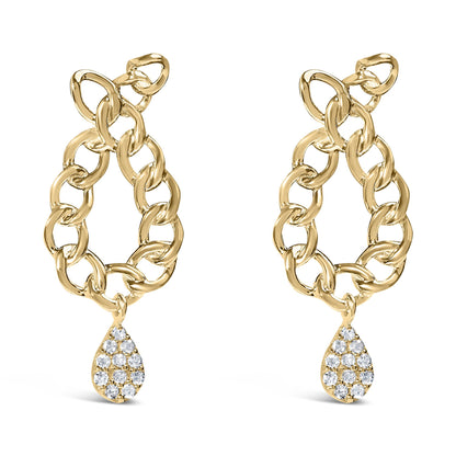 Front view of yellow metal earrings with chain link design and a teardrop-shaped pendant adorned with white round gemstones in prong setting.