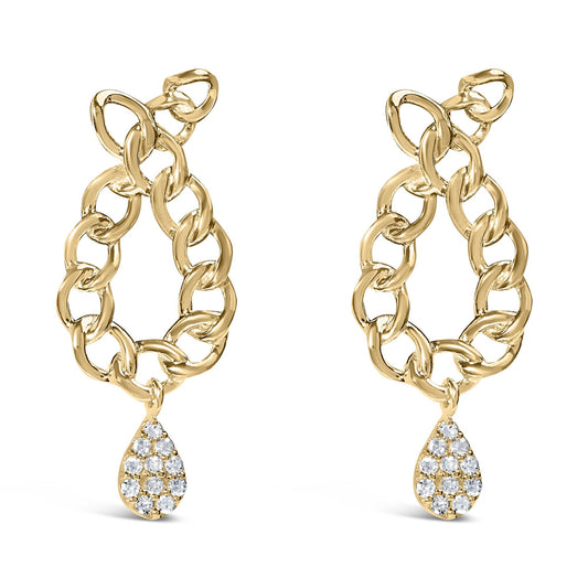 Front view of yellow metal earrings with chain link design and a teardrop-shaped pendant adorned with white round gemstones in prong setting.