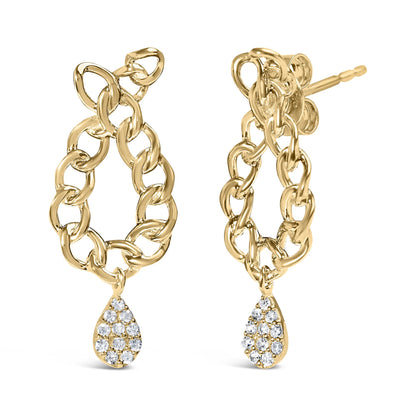 Front and side view of yellow metal chain-link earrings with a teardrop pendant encrusted with white gemstones, shown on a white background.