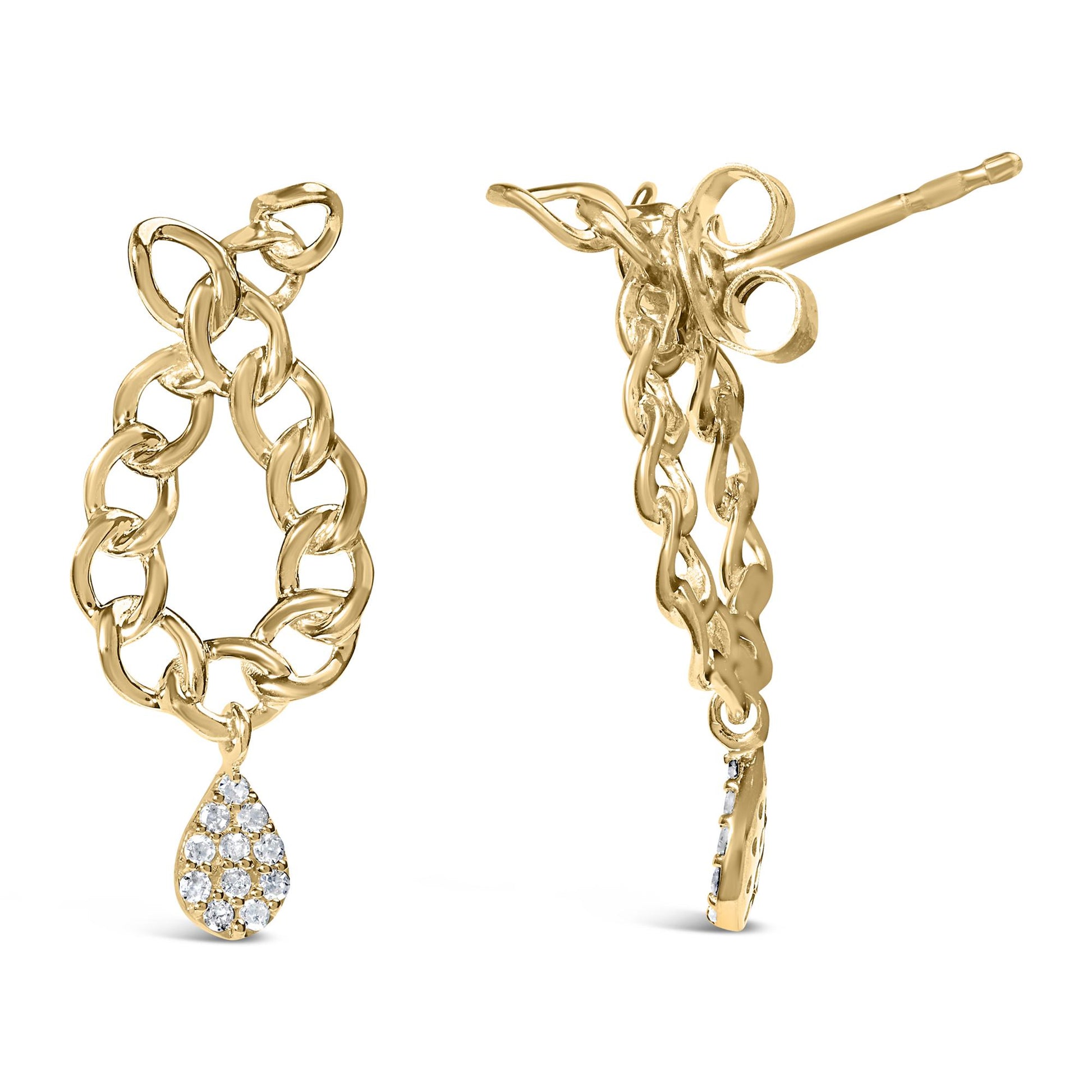 Close-up front and side views of yellow metal chain link earrings with a teardrop-shaped charm encrusted with white round gemstones in prong settings.