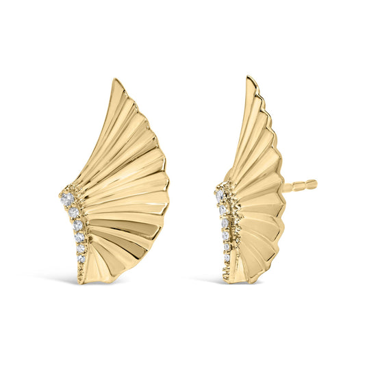 Pair of yellow metal earrings with a fan-like shape and a row of white gemstones, shown from a front and side angle on a white background.