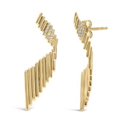 Pair of yellow metal earrings with elongated vertical bars and clusters of white round gemstones at the top, shown from a front and side angle.