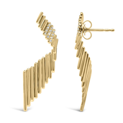 Pair of yellow metal earrings with a geometric elongated design and small white gemstones set near the top, shown from front and side angles.