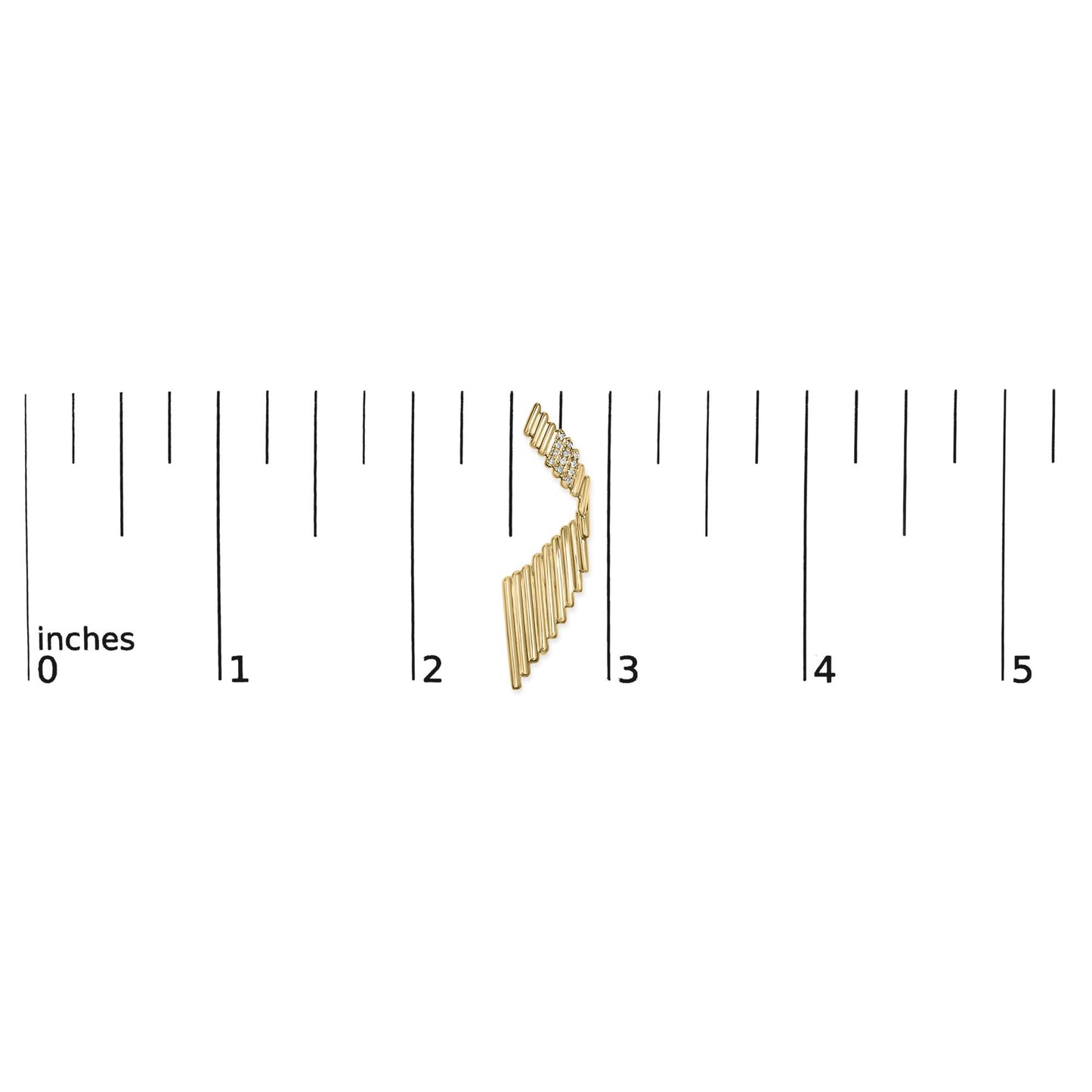 Earring with yellow metal bars fanning downwards and cluster of white round gemstones set in prongs, shown on a ruler for size reference, front angle.
