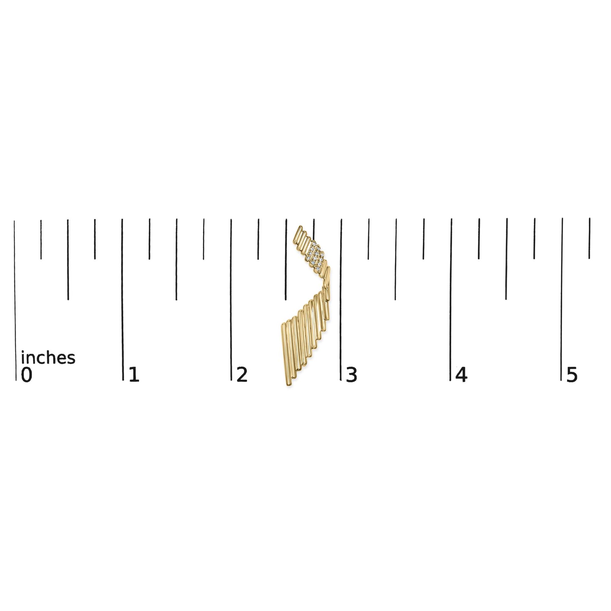 Earring with yellow metal bars fanning downwards and cluster of white round gemstones set in prongs, shown on a ruler for size reference, front angle.