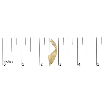 Earring with yellow metal bars fanning downwards and cluster of white round gemstones set in prongs, shown on a ruler for size reference, front angle.