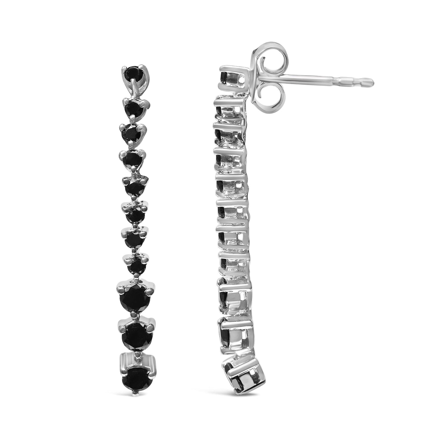 Pair of white metal earrings with vertical rows of prong-set round black gemstones, shown from front and side angles on a white background.