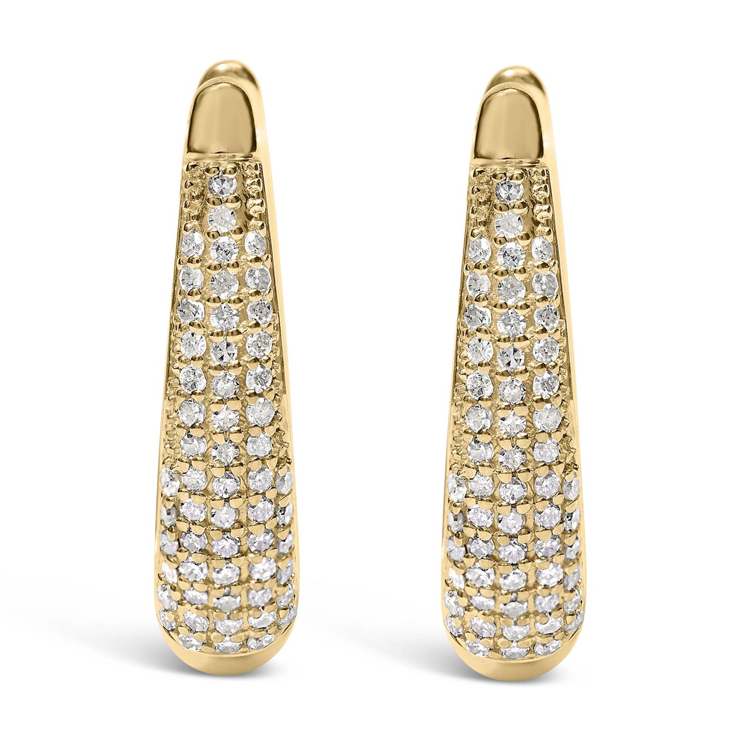 Front-facing view of a pair of yellow metal earrings with pave-set round white gemstones covering the lower length of each earring.