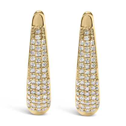 Front-facing view of a pair of yellow metal earrings with pave-set round white gemstones covering the lower length of each earring.