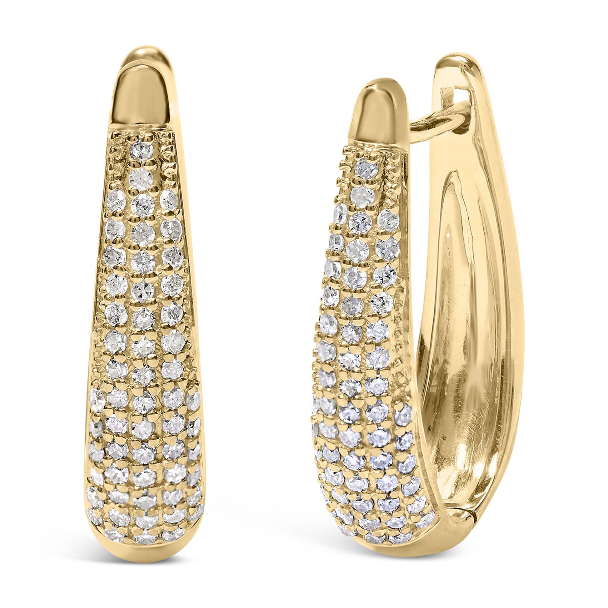 Front and side view of yellow metal earrings with multiple rows of round white gemstones in pave setting.