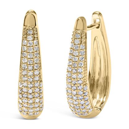 Front and side view of yellow metal earrings with multiple rows of round white gemstones in pave setting.