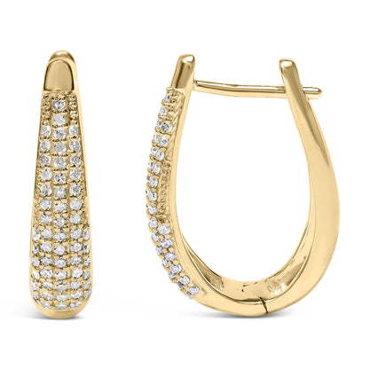 Front and side views of yellow metal earrings with round white gemstones in pave setting.