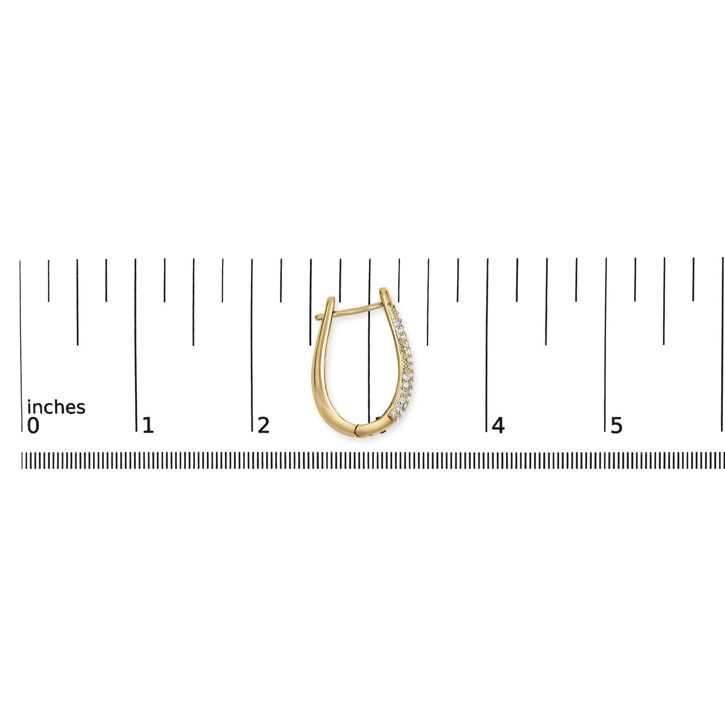Yellow metal earring with pave white gemstones, shown in a front view on a ruler for size reference.