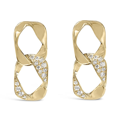 Front view of yellow metal earrings with two linked open geometric shapes, one set with white round gemstones in prong settings.