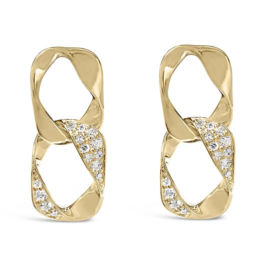 Front view of yellow metal earrings with two linked open geometric shapes, one set with white round gemstones in prong settings.