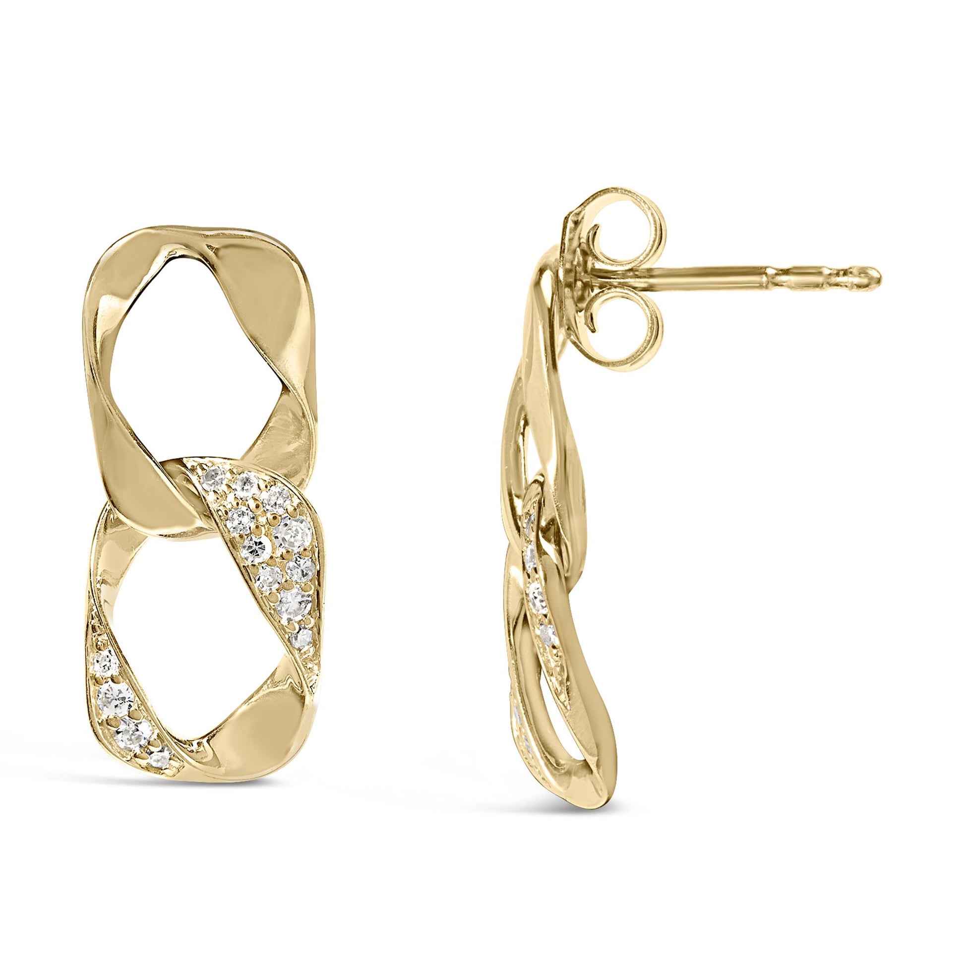 Pair of yellow metal earrings with linked rectangular shapes accented by white round gemstones in prong settings, shown from front and side angles.