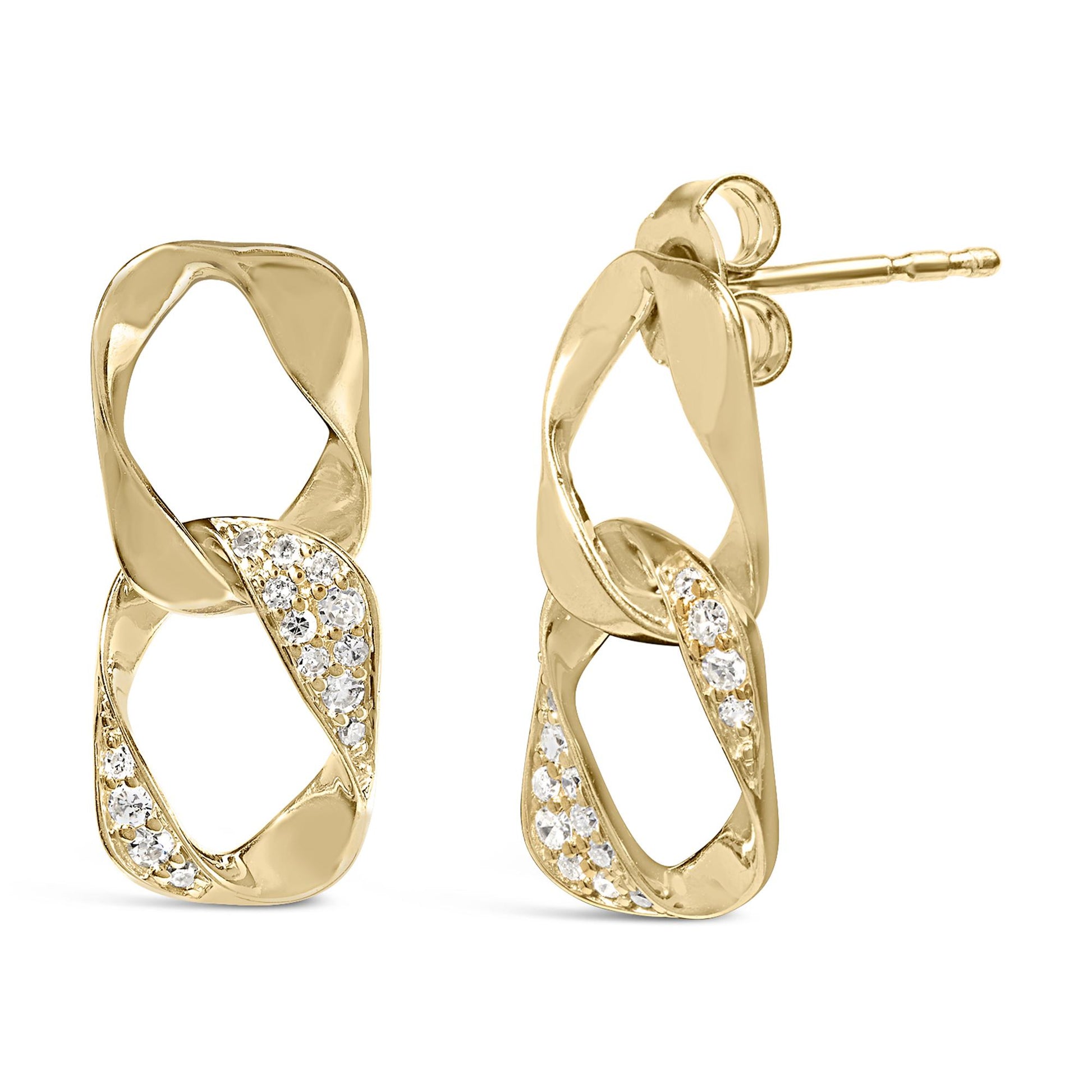 Front and side angle of yellow metal earrings with twisted rectangular shapes, accented with white round prong-set gemstones.