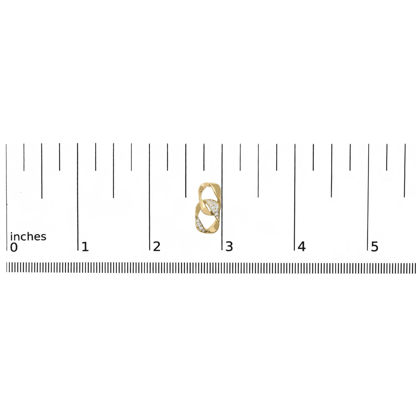 Close-up front view of a yellow metal earring with intertwined design featuring round white gemstones, placed on a ruler for size reference.