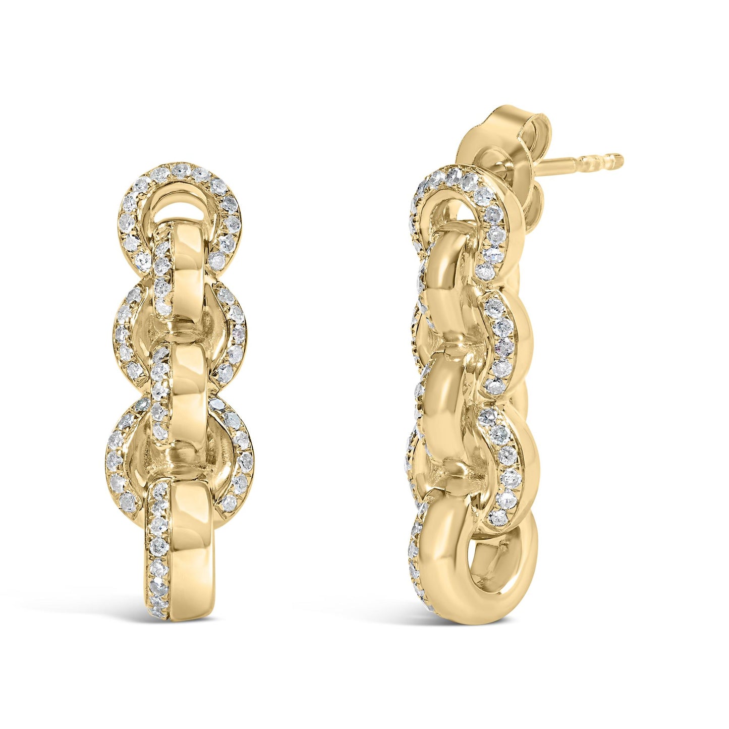 Front and side view of yellow metal linked hoop earrings with round white gemstones in prong settings along the edges.