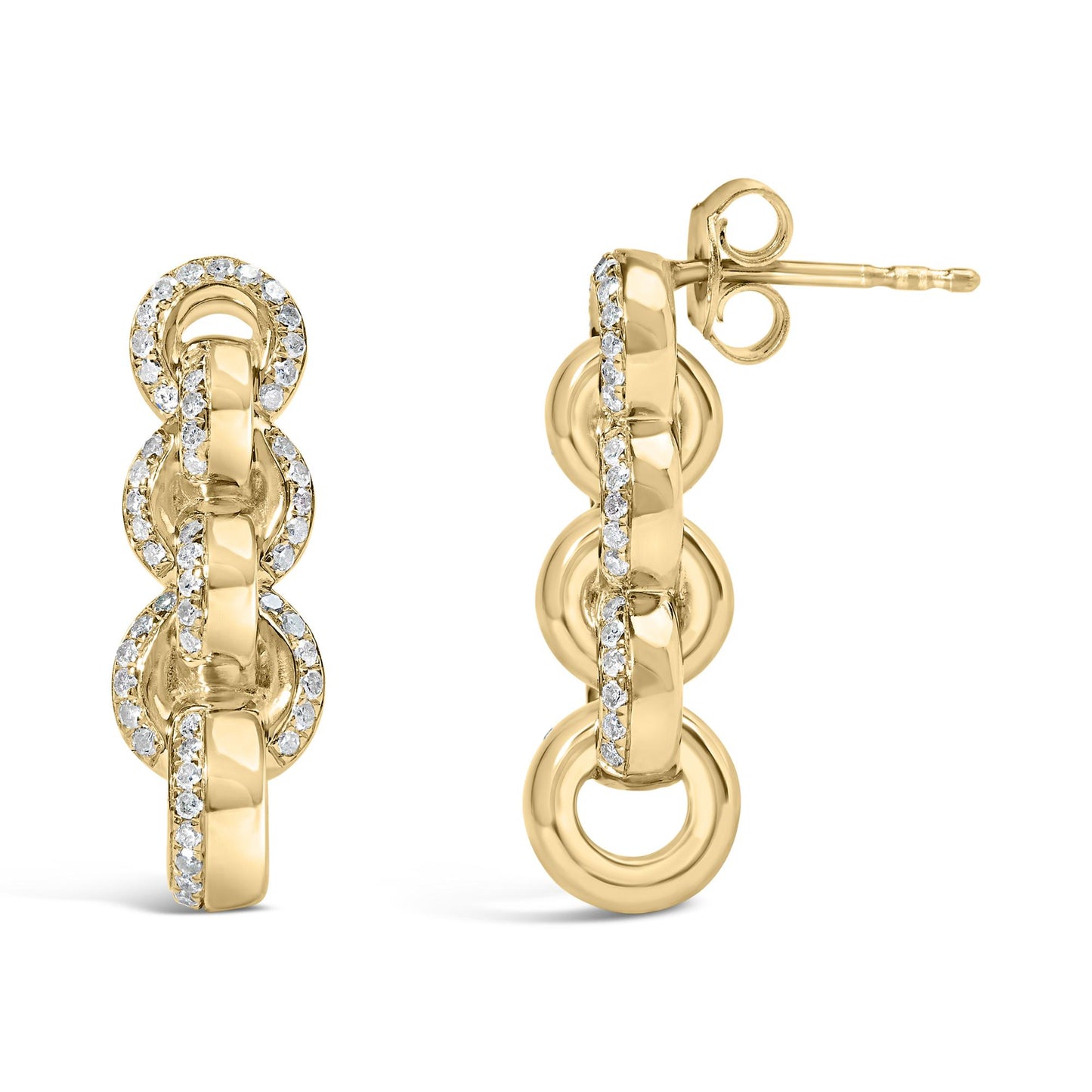 Pair of yellow metal earrings with linked circular loops accented with white round gemstones in prong settings, shown from front and side angles.